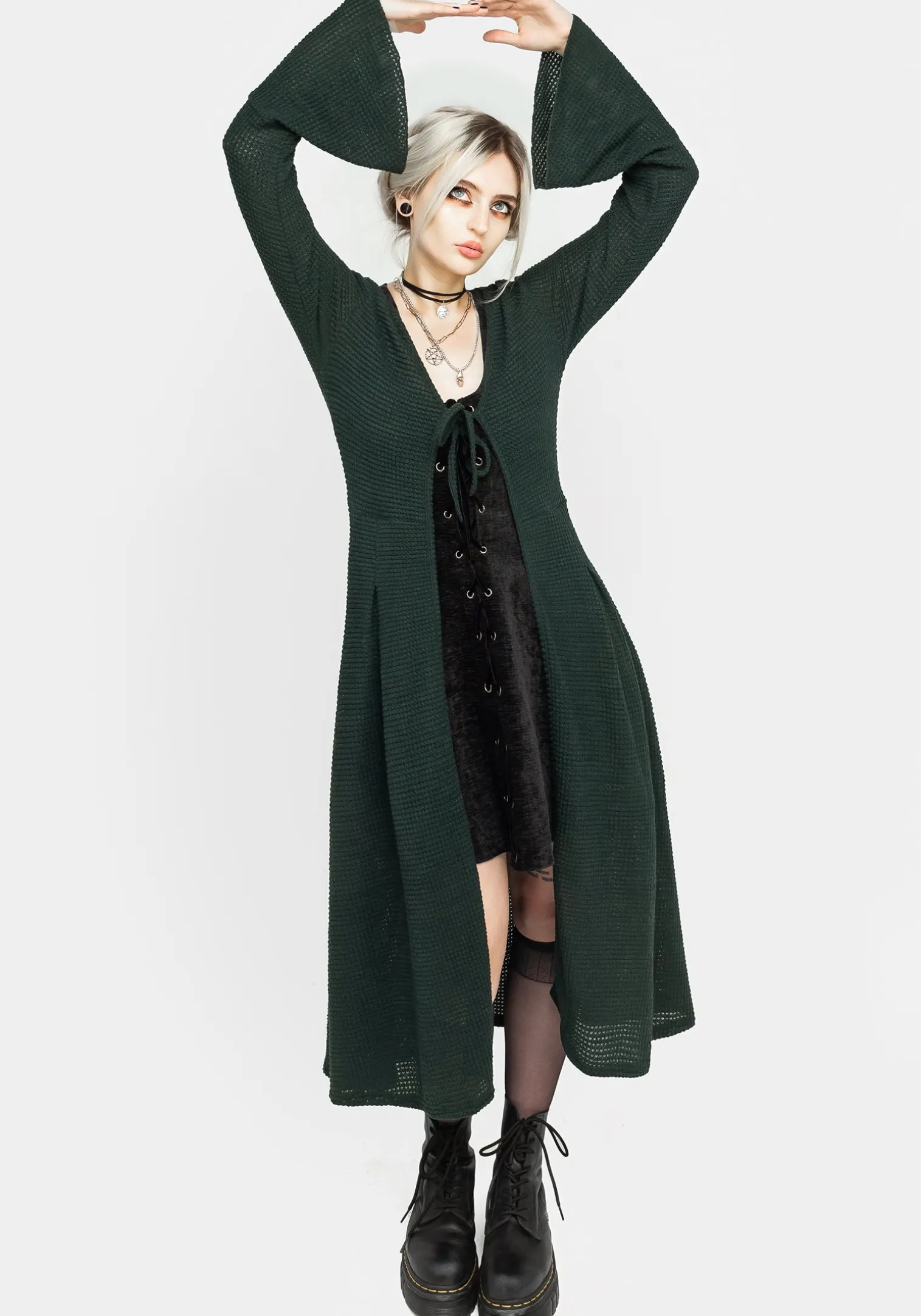 Xana Textured Tie Front Long Cardigan - Green