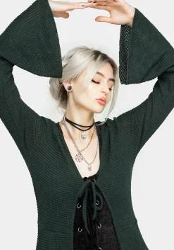 Xana Textured Tie Front Long Cardigan - Green