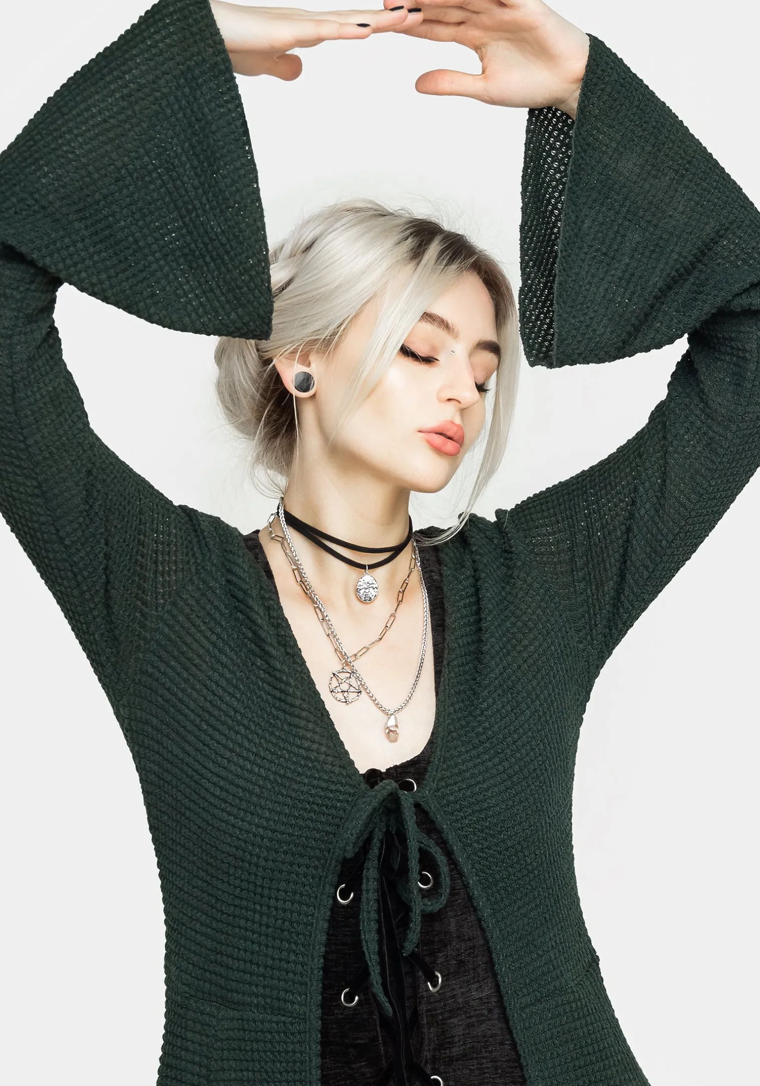 Xana Textured Tie Front Long Cardigan - Green