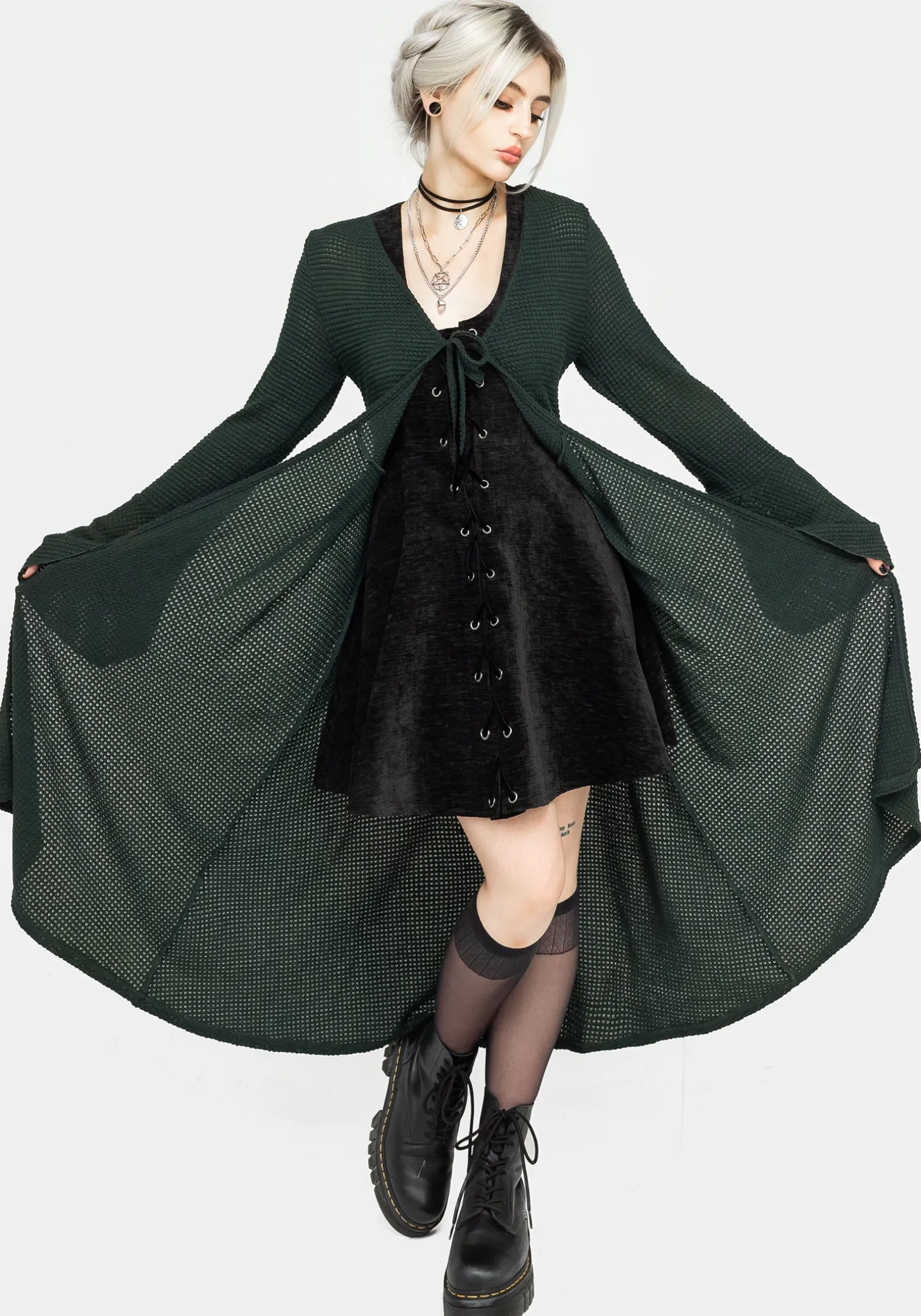 Xana Textured Tie Front Long Cardigan - Green