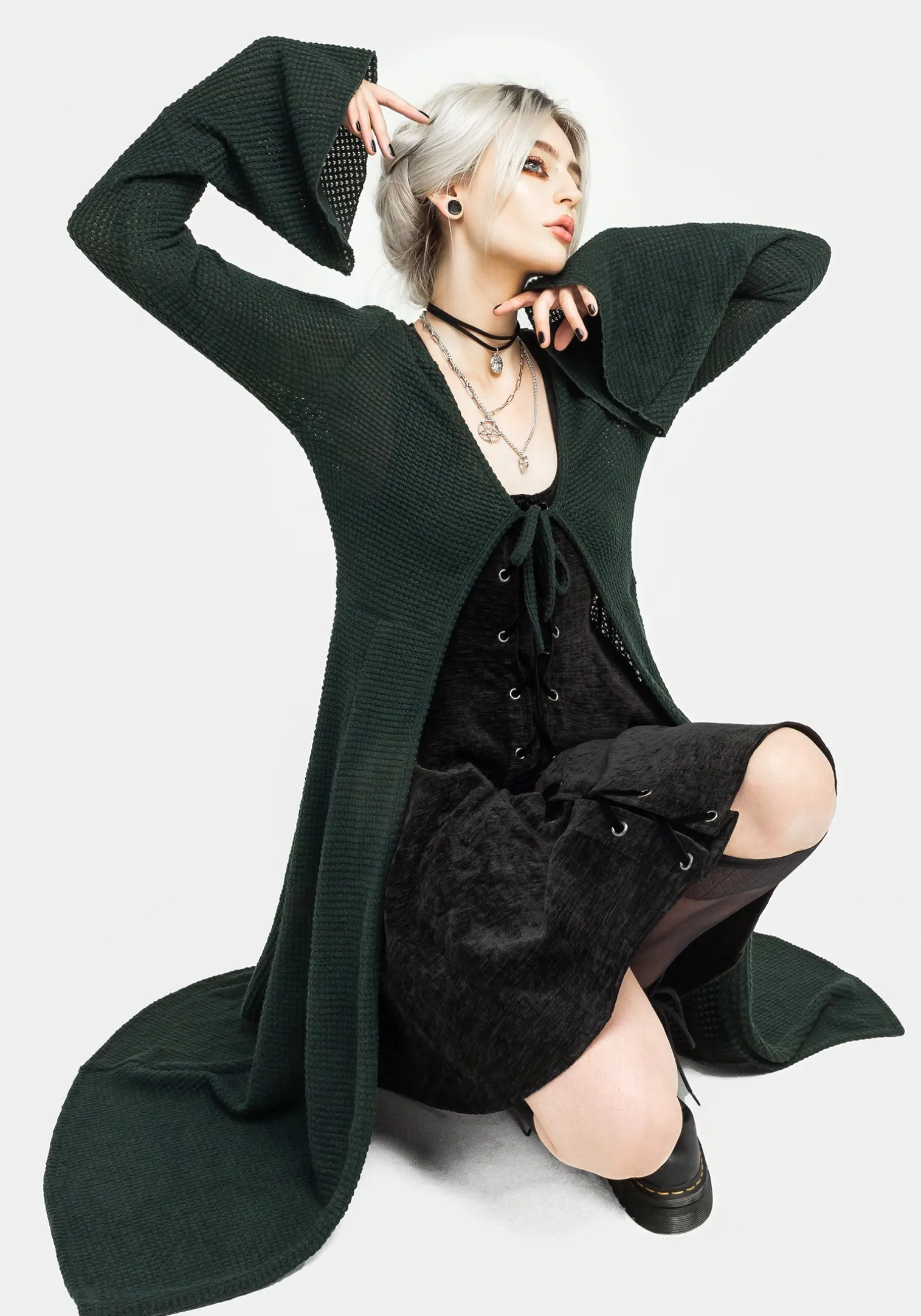 Xana Textured Tie Front Long Cardigan - Green