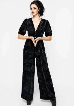 Zodiac Foil Print Button Front Velour Jumpsuit