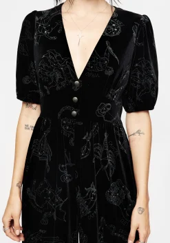 Zodiac Foil Print Button Front Velour Jumpsuit