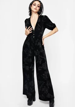 Zodiac Foil Print Button Front Velour Jumpsuit