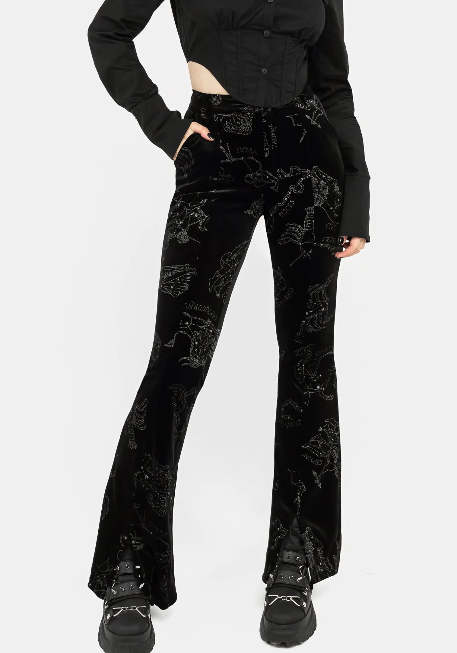 Zodiac Foil Print Split Slim Flare Trousers