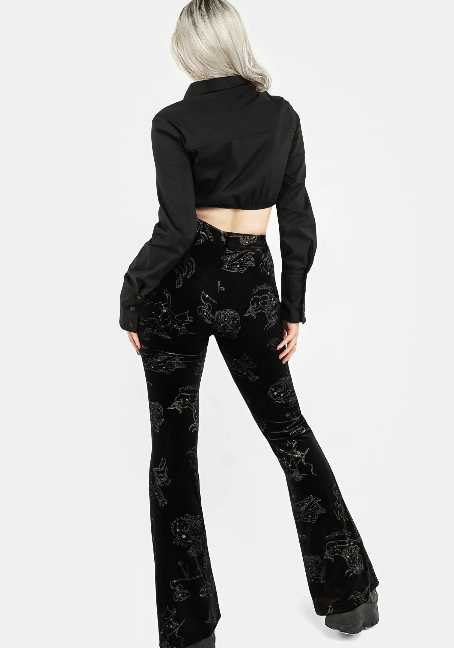 Zodiac Foil Print Split Slim Flare Trousers