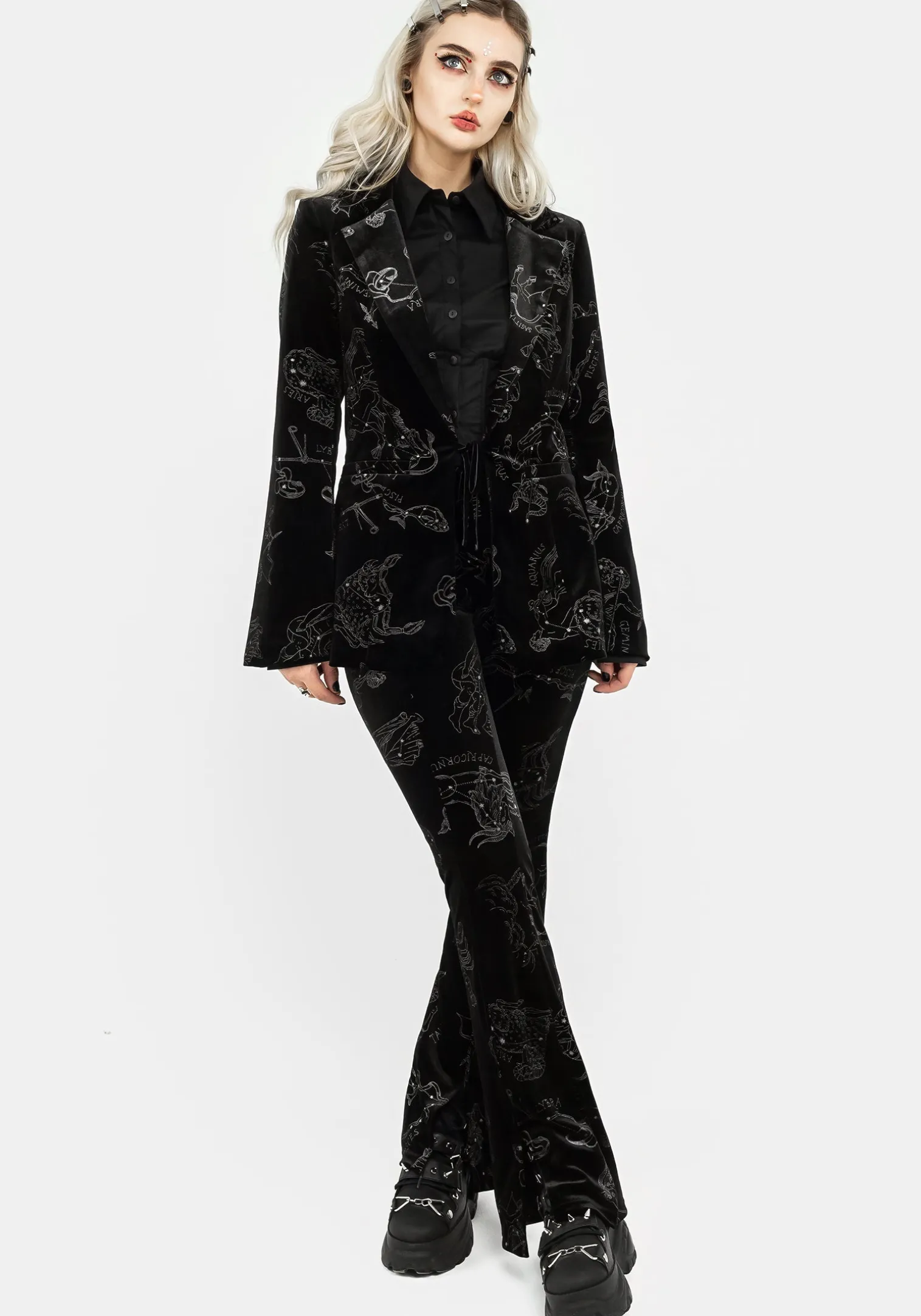 Zodiac Foil Print Split Slim Flare Trousers